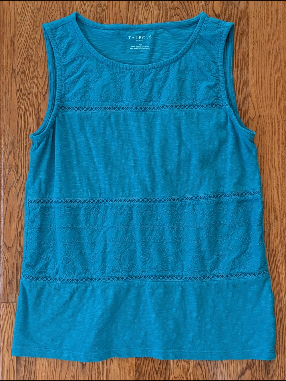 Talbot's Petite Bright Teal Blue Sleeveless Cotton Tank Top Embroidered Details